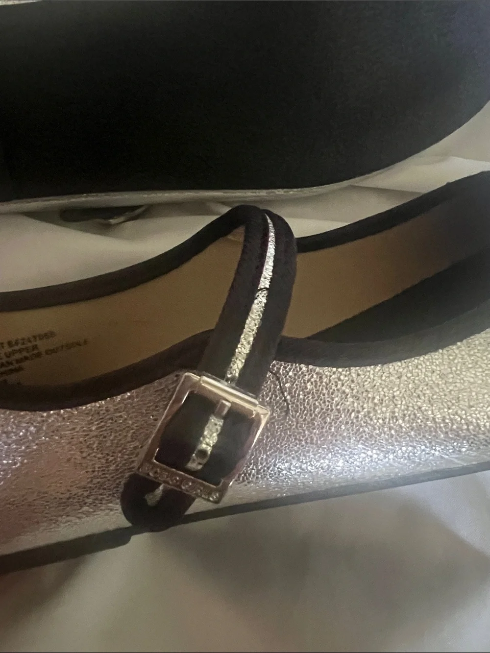 BCBG Metallic Silver Mary Jane Flats with Black Trim